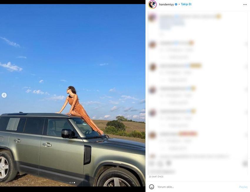Hande Erçel aracın üzerine çıkıp poz verdi! Derin yırtmaçlı kareler Instagram'ı salladı