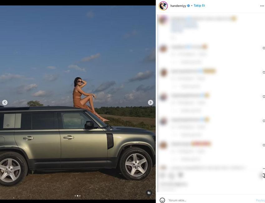 Hande Erçel aracın üzerine çıkıp poz verdi! Derin yırtmaçlı kareler Instagram'ı salladı