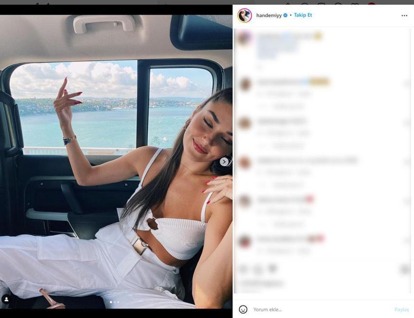 Hande Erçel aracın üzerine çıkıp poz verdi! Derin yırtmaçlı kareler Instagram'ı salladı