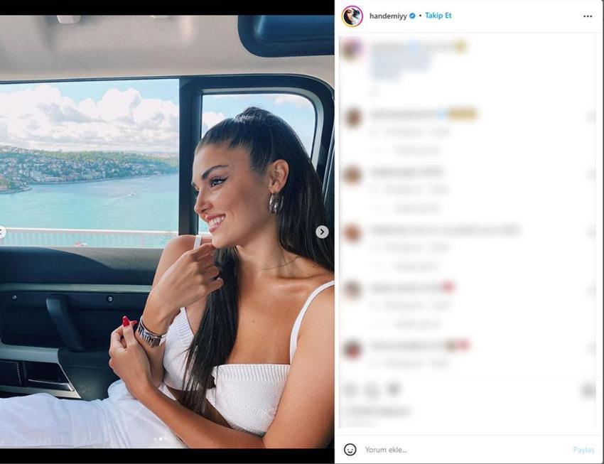 Hande Erçel aracın üzerine çıkıp poz verdi! Derin yırtmaçlı kareler Instagram'ı salladı