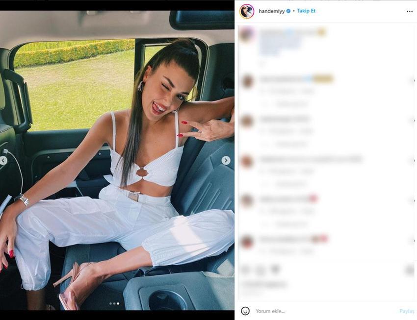 Hande Erçel aracın üzerine çıkıp poz verdi! Derin yırtmaçlı kareler Instagram'ı salladı