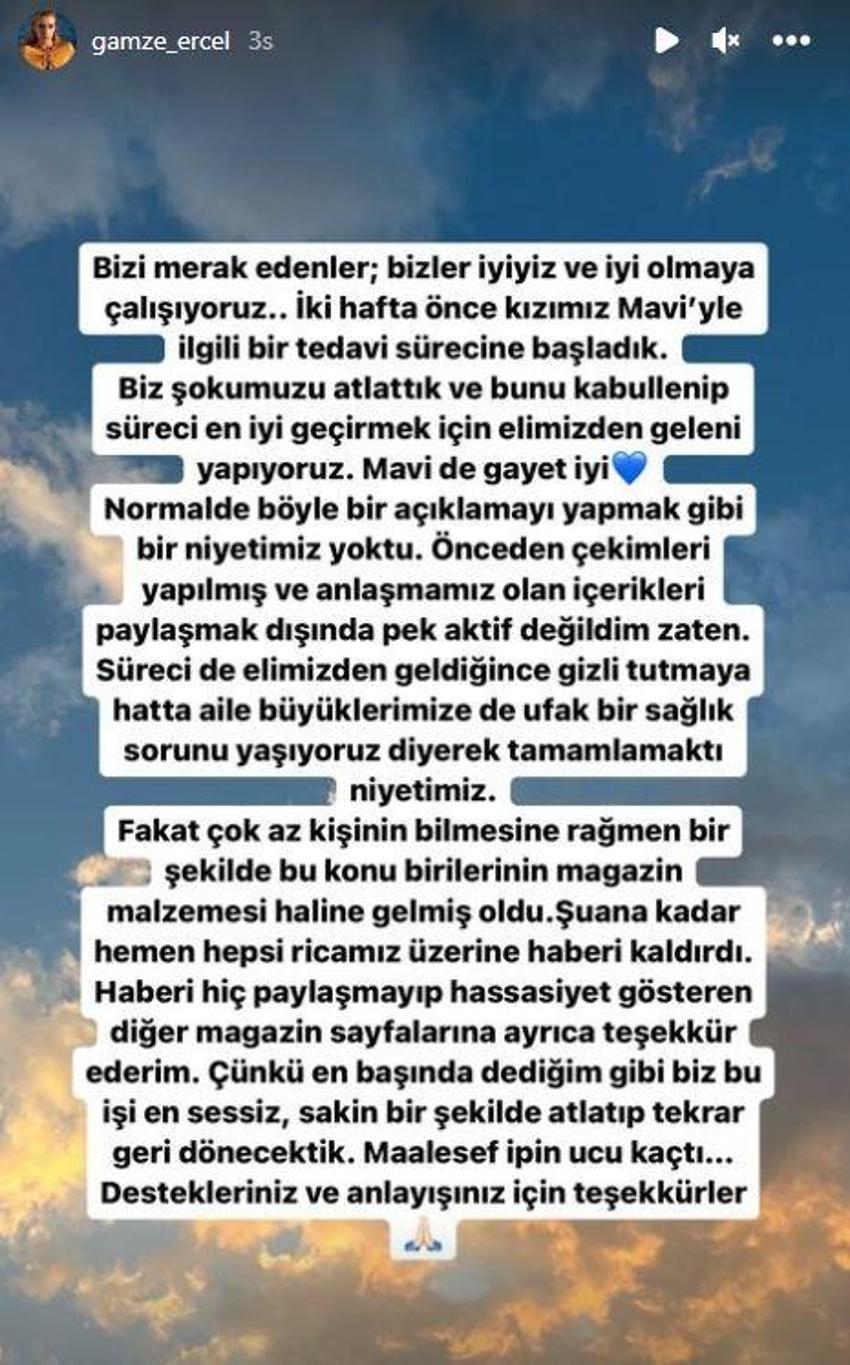 Gamze Erçel'den kızının sağlık durumuna ilişkin açıklama: 'Şoku atlattık, tedavi süreci başladı'