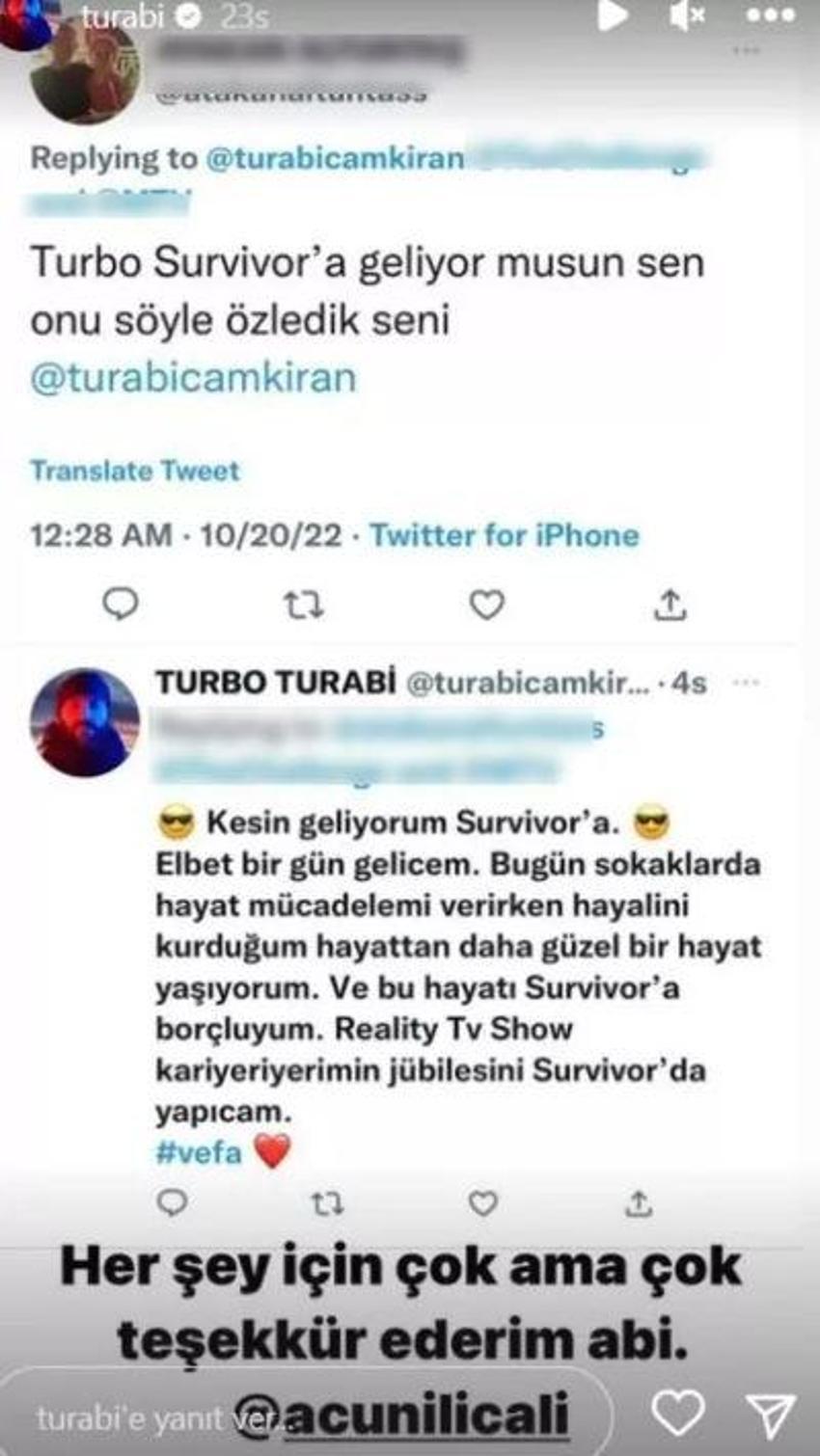 Turabi'den Survivor 2023 açıklaması! Takipçisinin sorusuna flaş yanıt