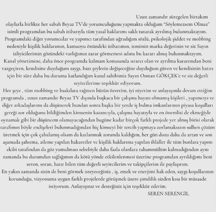 Seren Serengil, 'Söylemezsem Olmaz'dan ayrıldı! İlk açıklama geldi