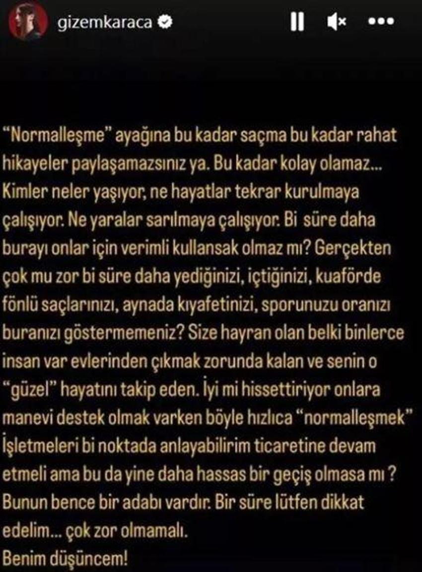 Gizem Karaca isyan etti: Normalleşme ayağına bu kadar saçma hikâyeler paylaşamazsınız!
