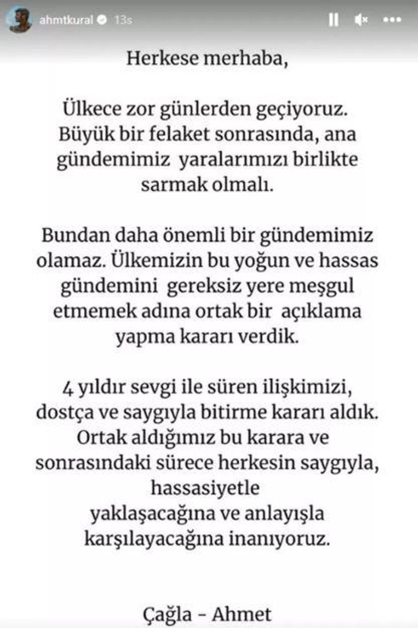 Ahmet Kural ile Çağla Gizem Çelik ayrıldı! Bu paylaşımla duyurdular