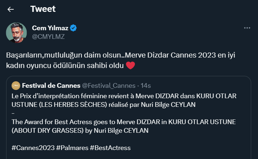 Merve Dizdar Cannes'da en iyi kadın oyuncu ödülünü aldı! Ünlülerden tebrik mesajları yağdı