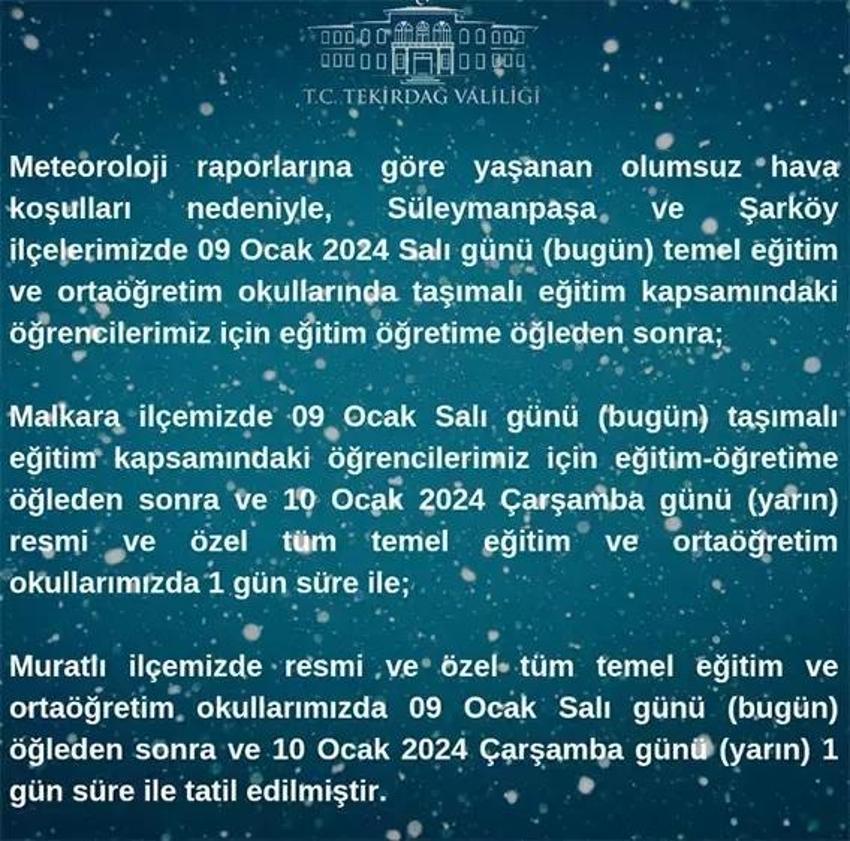 Tekirdağ, Çorlu 10 Ocak okullar tatil mi? Trakya kara teslim oldu, okullar tatil edildi! 10 Ocak hangi il, ilçelerde okullar tatil?