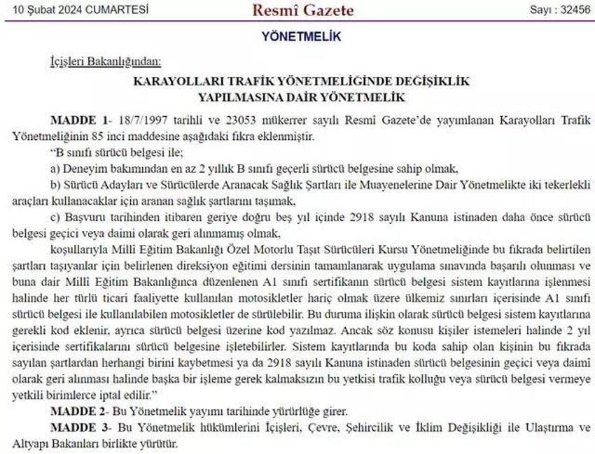 125 cc motor yasası Resmi Gazetede yayınlandı mı, B sınıfı ehliyet 125 cc motor kullanabilir mi 2024? 125 cc motor ehliyeti yürürlüğe girdi mi? B sınıfı ehliyet 125 cc motor kullanma şartları