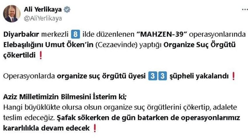 Diyarbakır merkezli organize suç örgütüne operasyon: 8 ilde 33 gözaltı