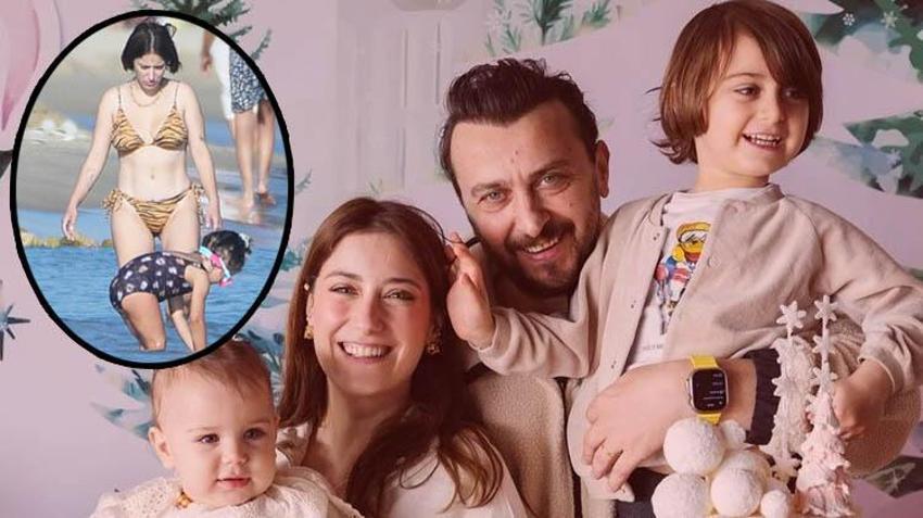 Hazal Kaya çocuklarıyla Çeşme’de! Kızı Leyla’yı suya alıştırdı