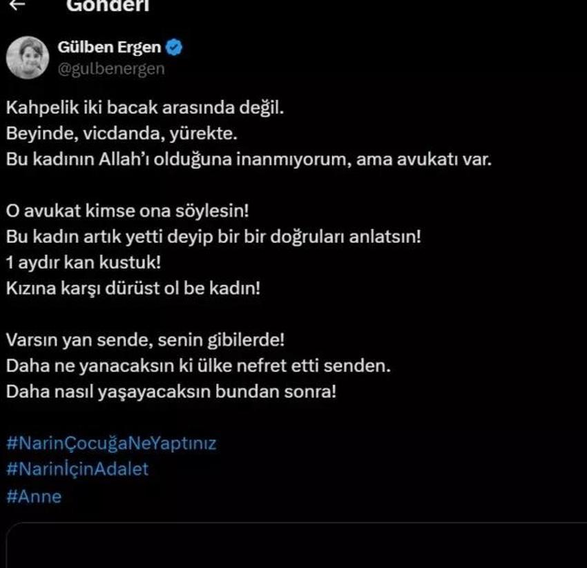 Gülben Ergen Narin'in annesini paylaştı, X gündemine girdi!