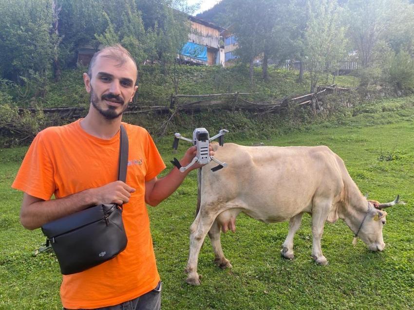 Teknoloji merakını mesleğiyle birleştirdi: Artvin'li çoban merada otlayan ineklerini dronla güdüyor!