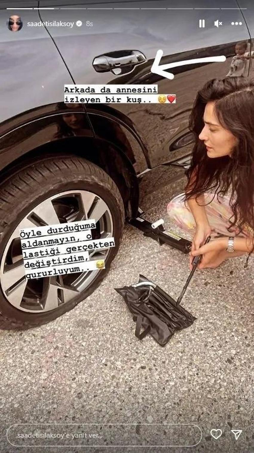 Saadet Işıl Aksoy lastik değiştirdi! Bijon anahtarını kaptığı gibi işe koyuldu
