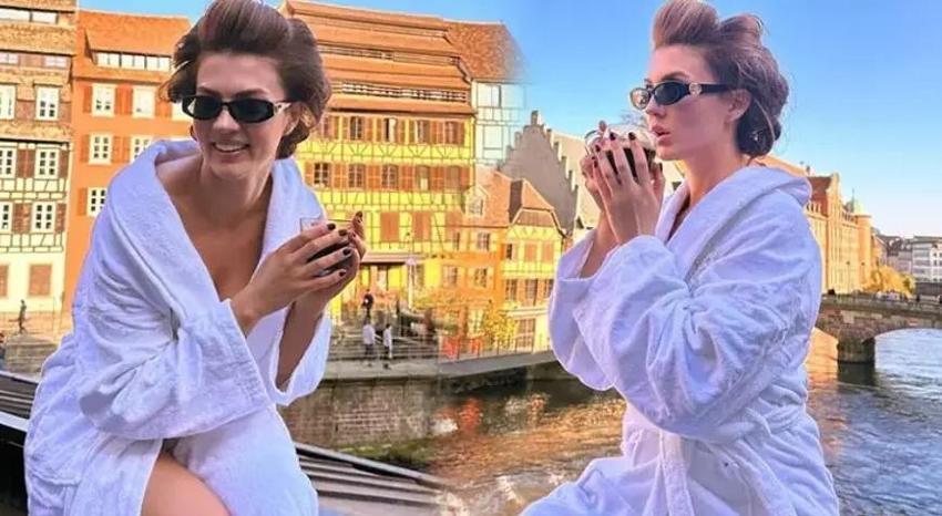 Burcu Özberk bornozu giydi balkona çıktı! Fransa'dan poz verdi