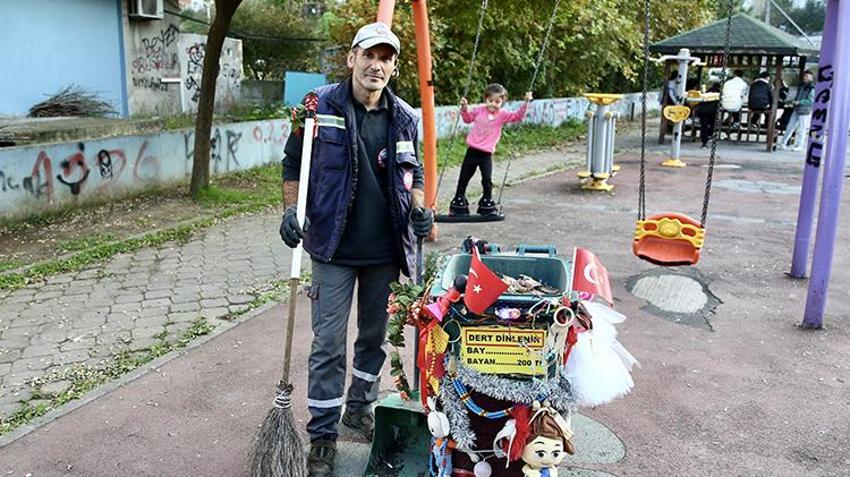Giresun'da temizlik işçisi çöp kovasıyla sokaklara renk katıyor