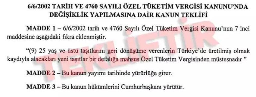 ÖTV ve KDV'siz araç satışı için kanun teklifi verildi! Hurda teşviki gelecek mi?