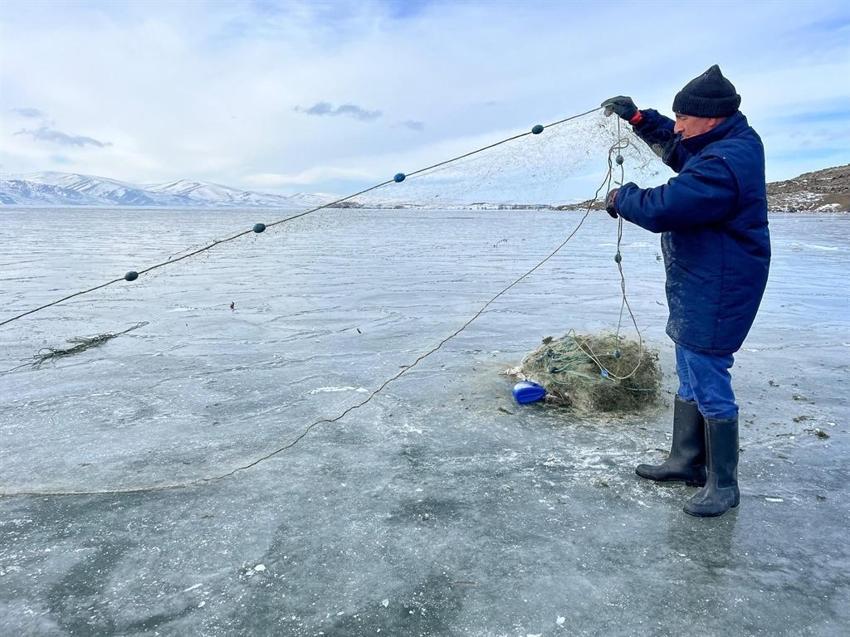 Eskimo usulü balık avı için Çıldır Gölü'ne ilk ağlar atıldı