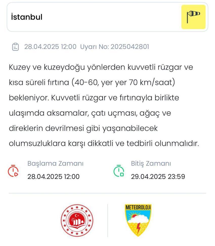 Meteoroloji'den İstanbul için sarı kodlu uyarı: Kuvvetli rüzgar etkili olacak, çatı uçmasına dikkat!