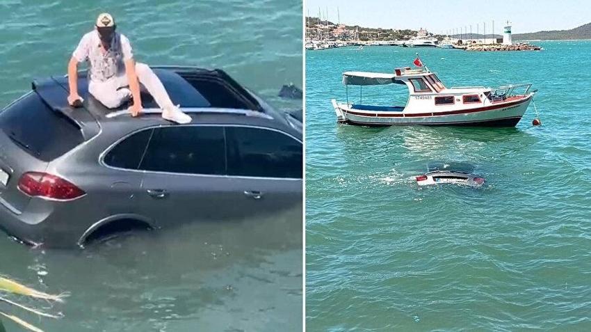 Arabasıyla deniz uçtu: Balıkesir'de otomobilin tavanına oturup yardım bekledi