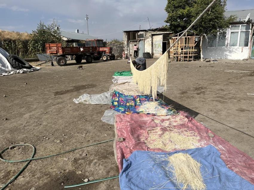 Kars'ta kadınlar imece usulü kışa hazırlık yapıyor! Undan hamura dönüştü kesilip kurutmaya bırakıldı