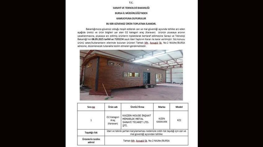 Bursa’da üretilen 3 firmanın karavanlarında büyük risk!! Toplatılma kararı alındı