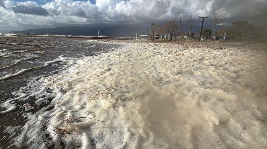 Balıkesir Edremit'te sahil beyaza büründü! Vatandaşlar ilginç doğa olayını şaşkınlıkla izledi