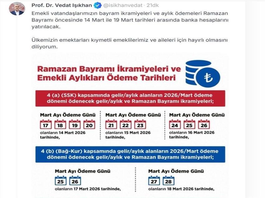SON DAKİKA: Emekli bayram ikramiyesi ve emekli maaş ödemesi tarihleri belli oldu! Bakan Işıkhan tabloyu paylaştı
