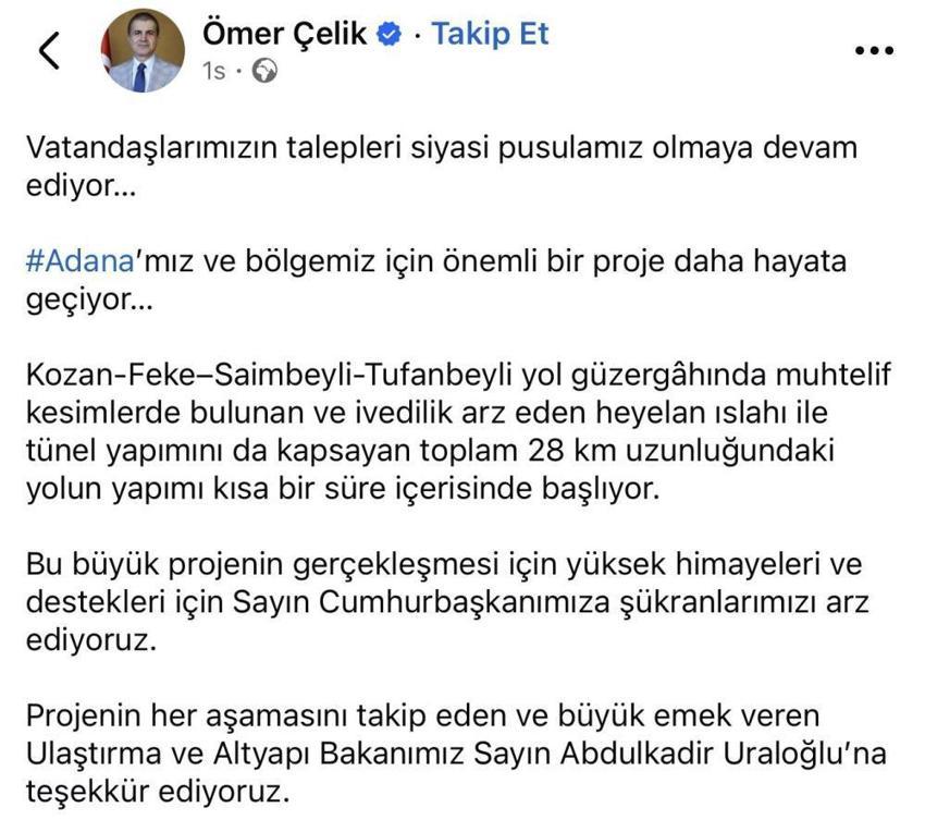 Adana’ya yeni yol müjdesi AK Parti Sözcüsü Ömer Çelik’ten geldi