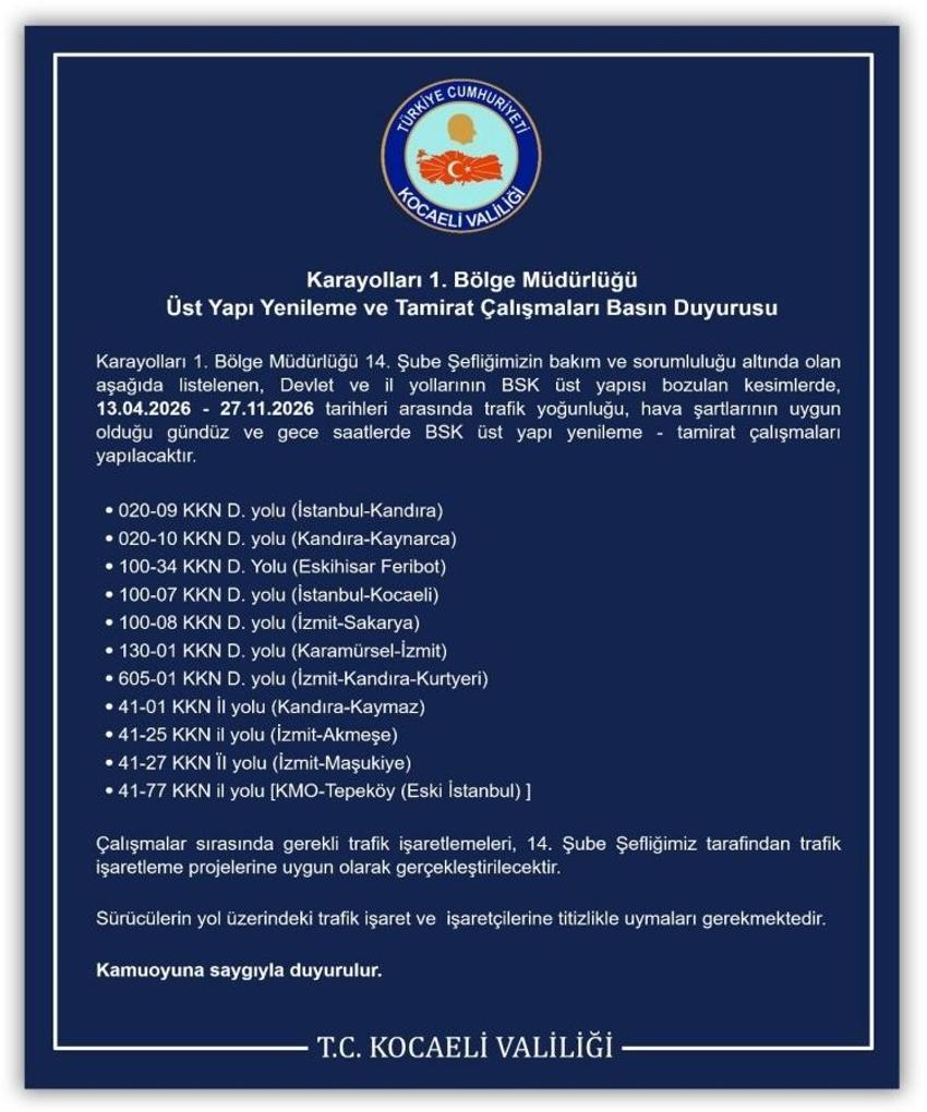 Kocaeli'de aylarca sürecek çalışma başlıyor! Karayolları duyurdu