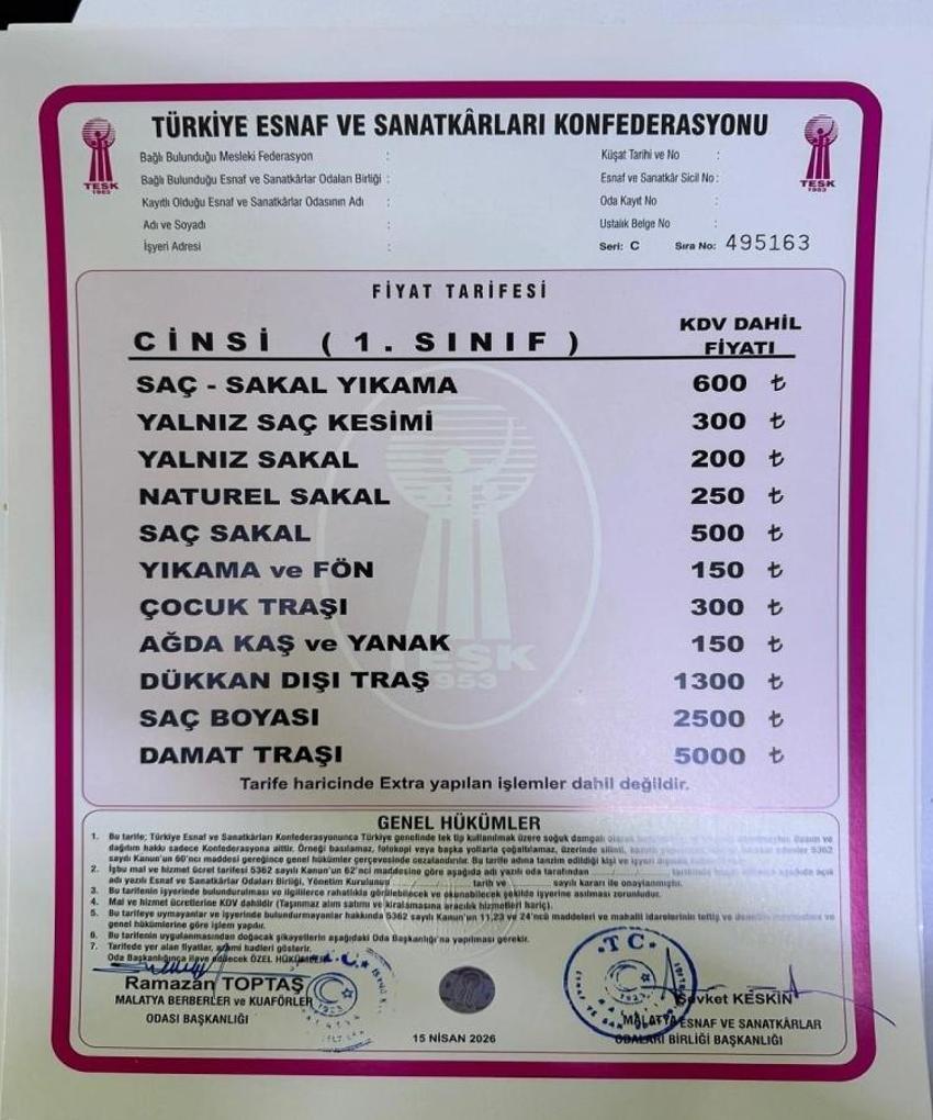 Malatya'da berber tarifesi değişti: Zam kararını Berberler Odası duyurdu