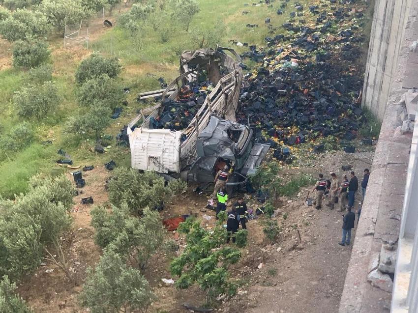 Tarsus-Adana-Gaziantep Otoyolu'nda korkunç kaza! Otomobile çarpan sebze yüklü tır viyadükten aşağı uçtu