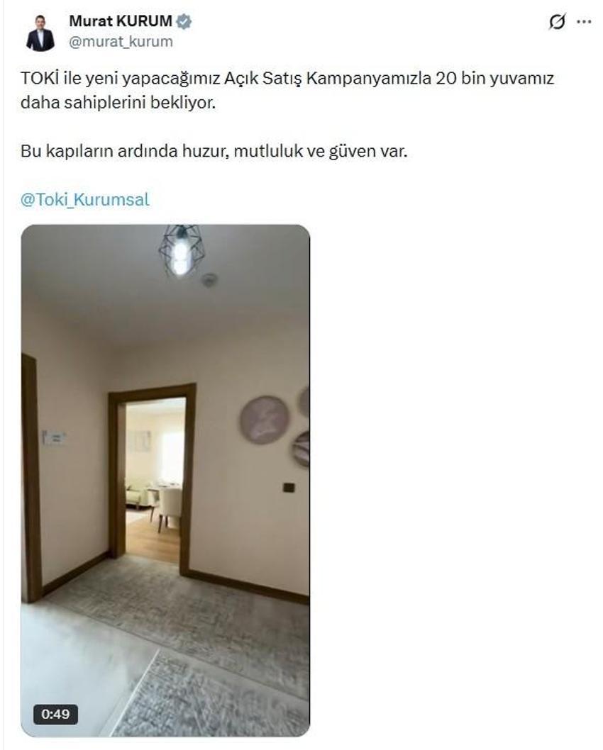 TOKİ 64 İLDE 20 BİN KONUT PROJESİ | Bakan Kurum örnek daireyi paylaştı: Satışlar haftaya başlıyor