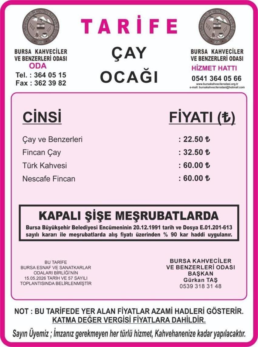 Bursa’da çay ve kahve fiyatlarına zam! İşte yeni fiyat listesi