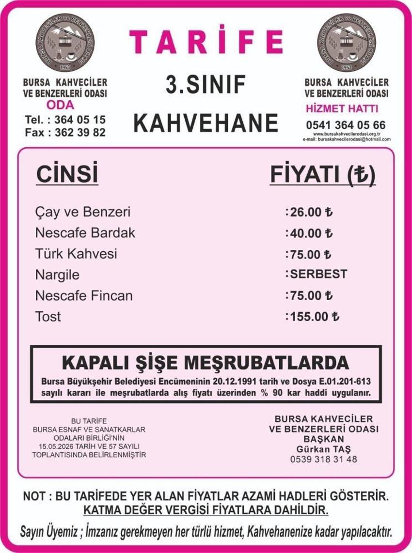 Bursa’da çay ve kahve fiyatlarına zam! İşte yeni fiyat listesi