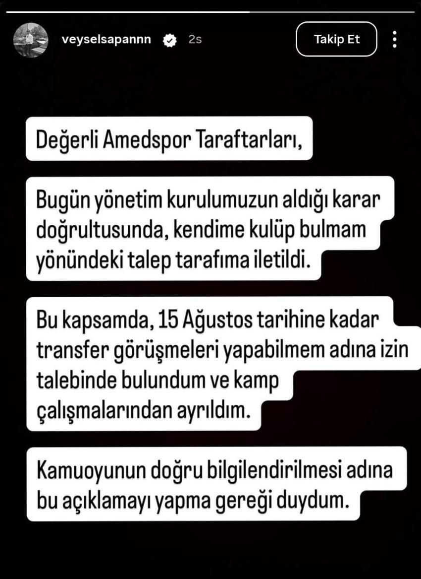 Amed Sportif Faaliyetler’de kaleci Veysel Sapan, kendisine kulüp bulmak amacıyla kamptan ayrıldı