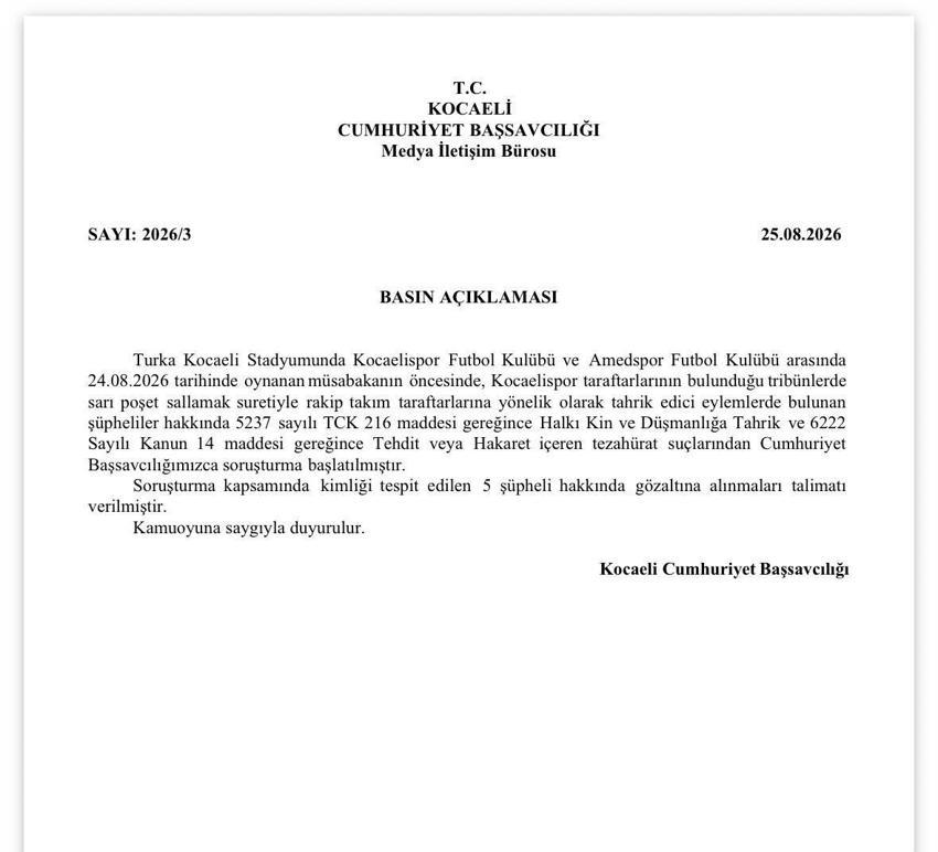 Kocaelispor tribünündeki 'sarı poşet'lere soruşturma! 5 şüpheli hakkında gözaltı kararı verildi